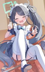 Rule 34 | 1girl, apron, aqua ribbon, aris (blue archive), aris (maid) (blue archive), black dress, black footwear, black hair, black wristband, blue archive, blush, bucket, closed eyes, commentary, dress, frilled apron, frills, garter straps, halo, hands up, highres, kurumi lm, leg up, long hair, maid, maid apron, maid headdress, neck ribbon, official alternate costume, open mouth, ponytail, ribbon, short sleeves, sitting, solo, sweatdrop, thighhighs, very long hair, wet, white thighhighs
