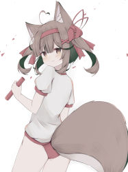Rule 34 | 1girl, ahoge, animal ear fluff, animal ears, ass, bad id, bad pixiv id, black hair, blouse, blush, brown eyes, brown hair, buruma, closed mouth, commentary request, fang, fang out, from behind, gym shirt, gym uniform, hair between eyes, hair ornament, hairclip, headband, heart, heart ahoge, highres, holding, multicolored hair, original, puffy short sleeves, puffy sleeves, red buruma, red headband, relay baton, risu (ritharte), shirt, short sleeves, simple background, smile, solo, tail, twintails, two-tone hair, white background, white shirt, x hair ornament