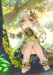Rule 34 | 1girl, bloomers, bracelet, braid, cape, child, cross-shaped pupils, detached sleeves, didtldms0312, dress, finger frame, genshin impact, gold trim, gradient hair, green cape, green eyes, green hair, green sleeves, hair ornament, highres, jewelry, leaf hair ornament, long hair, looking at viewer, multicolored hair, nahida (genshin impact), open mouth, outdoors, pointy ears, side braid, side ponytail, sitting, sleeveless, sleeveless dress, soles, stirrup footwear, stirrup legwear, symbol-shaped pupils, toeless footwear, toeless legwear, toes, tree, underwear, white bloomers, white dress, white footwear, white hair