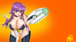 Rule 34 | 1girl, armor, breasts, cleavage, dragon ball, dragonball z, female focus, gloves, halftone, halftone background, highres, huge breasts, large breasts, long hair, looking over eyewear, novagraph, open mouth, original, purple hair, red-tinted eyewear, scouter, solo, thick thighs, thighs, tinted eyewear, weapon, white gloves