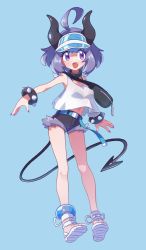 Rule 34 | 1girl, :d, ahoge, belt, belt buckle, black shorts, blue background, blue belt, blue hat, breasts, buckle, commentary request, cutoffs, demon girl, demon horns, demon tail, fang, fanny pack, full body, hat, highres, hiisu (s-1104-d), horns, nail polish, open mouth, original, purple eyes, purple hair, purple nails, sandals, shoe soles, short shorts, shorts, simple background, small breasts, smile, solo, spikes, tail, tank top, visor cap, white footwear, white tank top