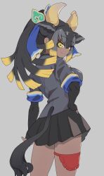 Rule 34 | 1girl, absurdres, animal ears, black gloves, black hair, black skirt, blonde hair, blue hair, blush, commentary request, cow ears, cow girl, cow horns, cow tail, cowboy shot, elbow gloves, extra ears, fingerless gloves, from behind, gloves, goshingyu-sama (kemono friends), grey shirt, hand on own hip, highres, horns, kemono friends, kunikuni (kunihiro2005), long hair, looking at viewer, looking back, multicolored hair, pleated skirt, ponytail, shirt, short sleeves, skirt, smile, solo, tail, thigh strap, yellow eyes