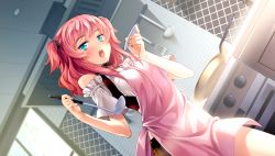 Rule 34 | 1girl, apron, blue eyes, blush, breasts, brown shorts, frying pan, game cg, hagure keg, holding, indoors, kitchen, ladle, long hair, looking at viewer, medium breasts, milliarte blanche, off shoulder, open mouth, pink apron, pink hair, shirt, short sleeves, shorts, silverio vendetta, solo, source request, spatula, standing, stove, teeth, twintails, white shirt, window, yuunagi (seventh heaven)