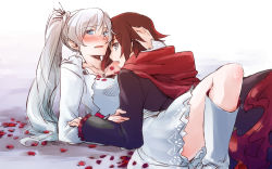 Rule 34 | 2girls, arm support, between legs, blue eyes, blush, boots, earrings, grey eyes, grey hair, hand on another&#039;s head, jewelry, knee boots, long hair, looking at viewer, lying, multiple girls, necktie, nose blush, on back, open mouth, petals, rose petals, ruby rose, rwby, scar, scar across eye, scar on face, sketch, thighs, tsuta no ha, weiss schnee, yuri
