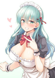 Rule 34 | 1girl, apron, black dress, blush, bow, bowtie, breasts, cleavage, commentary, dress, green eyes, green hair, grin, hair ornament, hand up, heart, jewelry, kantai collection, large breasts, long hair, looking at viewer, maid, maid headdress, parted lips, red bow, red bowtie, revision, ring, rui shi (rayze ray), short sleeves, smile, suzuya (kancolle), teeth, v, wedding ring, white apron, white headwear