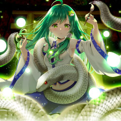 Rule 34 | 1girl, ahoge, arm up, blue skirt, blush, breasts, calligraphy brush, commentary request, detached sleeves, frog hair ornament, green eyes, green hair, green nails, hair ornament, hair tubes, hand up, holding, holding brush, kochiya sanae, light particles, long hair, looking at viewer, midriff, nail polish, navel, paintbrush, parted lips, shirt, sidelocks, skirt, small breasts, snake, stomach, stomach day, torii, touhou, white shirt, white snake, wide sleeves, yuuka nonoko
