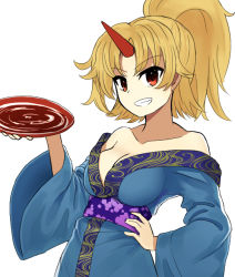Rule 34 | 1girl, alternate hairstyle, bare shoulders, blonde hair, blue kimono, breasts, cleavage, collarbone, cup, grin, hand on own hip, hand up, holding, holding cup, horns, hoshiguma yuugi, hoshiguma yuugi (kimono), japanese clothes, kimono, looking at viewer, medium breasts, obi, off shoulder, ponytail, purple sash, red eyes, ridyuu, sakazuki, sash, short hair, simple background, single horn, smile, solo, touhou, sunken fossil world, upper body, white background