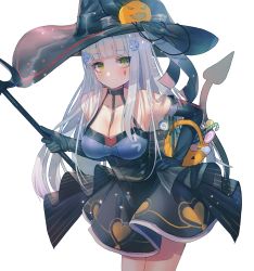 Rule 34 | 1girl, bare shoulders, black dress, black gloves, black hat, blunt bangs, blush, breasts, commentary, demon tail, dress, elbow gloves, facial mark, fork, girls&#039; frontline, gloves, green eyes, hair ornament, halloween bucket, halloween costume, hanato (seonoaiko), hand on own hip, hat, highres, hk416 (girls&#039; frontline), holding, light particles, long hair, looking at viewer, polearm, silver hair, simple background, solo, tail, teardrop, trident, very long hair, weapon, white background, witch, witch hat
