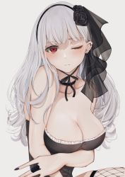 Rule 34 | 1girl, bare shoulders, black bustier, black hairband, black nails, black ribbon, black thighhighs, blush, breasts, bustier, choker, cleavage, closed mouth, earrings, fishnet thighhighs, fishnets, grey background, grey hair, hairband, highres, jewelry, large breasts, long hair, looking at viewer, mole, mole under eye, multiple earrings, multiple piercings, nail polish, neck ribbon, one eye closed, original, red eyes, ribbon, ring, sidelocks, simple background, solo, thighhighs, uiri-na, veil