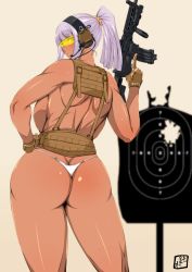 Rule 34 | 1girl, ass, ass focus, assault rifle, backboob, bikini, bikini bottom, breasts, dark-skin, dark-skinned, dark skin, dark skinned female, donson, gun, heckler & koch, heckler &amp; koch, highres, hk416, huge ass, huge breasts, magazine, micro bikini bottom, original, rifle, shooting range, swimsuit, target, target practice, thong bikini, weapon