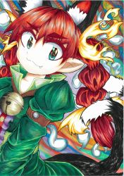 Rule 34 | 1girl, :3, animal ears, bell, braid, cat ears, cat tail, chups, dress, extra ears, fang, fang out, green dress, highres, jingle bell, kaenbyou rin, marker (medium), multiple tails, pointy ears, red hair, shikishi, tail, touhou, traditional media, twin braids
