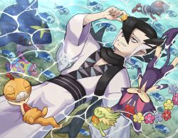 Rule 34 | 1boy, black scarf, blue eyes, bruxish, coin, comfey, creatures (company), game freak, gen 3 pokemon, gen 5 pokemon, gen 7 pokemon, grimsley (pokemon), hair between eyes, holding, holding coin, japanese clothes, kimono, looking at object, lying, male focus, multicolored hair, nintendo, on back, on water, pawniard, pokemoa, pokemon, pokemon (creature), pokemon on leg, pokemon sm, purrloin, scarf, scraggy, sharpedo, smile, teeth, two-tone hair, water, wet, wet clothes, white hair, wishiwashi, wishiwashi (school), wishiwashi (solo)