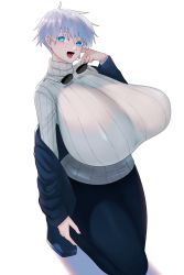 Rule 34 | 1girl, arm up, blush, breasts, commentary request, genderswap, genderswap (mtf), gigantic breasts, glasses, gojou satoru, highres, jujutsu kaisen, lifting own clothes, looking at viewer, open mouth, psyche oreca, smile, solo, thick thighs, thighs, translation request, turtleneck