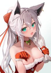 Rule 34 | 1girl, :o, absurdres, animal ears, aqua eyes, bare arms, bare shoulders, bell, bow, bowtie, choker, collarbone, dress, extra ears, fox ears, fur trim, gloves, hands up, highres, holding, hololive, jingle bell, kejirion, long hair, looking at viewer, open mouth, ponytail, red choker, red dress, red gloves, sack, santa costume, shirakami fubuki, sidelocks, simple background, solo, strapless, strapless dress, upper body, virtual youtuber, white background, white hair