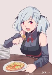 Rule 34 | 1girl, absurdres, artist name, black ribbon, black vest, breasts, commentary, detached sleeves, eating, english commentary, food, food on face, fork, gar32, girls&#039; frontline, grey hair, grey shirt, grey sleeves, hair ribbon, hand on table, highres, holding, holding fork, large breasts, looking at viewer, medium hair, meme, open mouth, pasta, plate, plate stack, red eyes, ribbon, shirt, simple background, sleeveless, sleeveless shirt, solo, spaghetti, spas-12 (girls&#039; frontline), table, tamamo spaghetti (meme), twintails, upper body, vest, white background