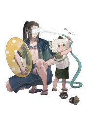 Rule 34 | 2boys, black hair, black shorts, blue shorts, gihuta hiroshi, goggles, goggles around neck, highres, hose, innertube, long hair, luo xiaohei, luo xiaohei (human), luo xiaohei zhanji, multiple boys, open clothes, open shirt, sandals, short hair, shorts, simple background, spraying, squatting, swim ring, water, white background, white hair, wuxian (the legend of luoxiaohei)