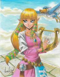 Rule 34 | 1girl, 2019, blonde hair, blue eyes, blue sky, blunt bangs, braid, breasts, collarbone, dress, flying, hair ribbon, harp, highres, holding, instrument, jewelry, loftwing, medium breasts, nintendo, outdoors, parted lips, pink dress, pointy ears, ponytail, princess zelda, ravernclouk design, ribbon, sky, the legend of zelda, the legend of zelda: skyward sword, traditional media, tress ribbon