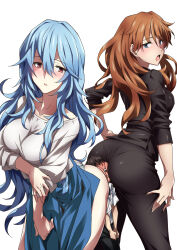 Rule 34 | 1boy, 2girls, absurdres, age difference, ass, ass-to-ass, ayanami rei, between buttocks, black hair, black pants, black suit, blue dress, blue hair, blush, breasts, business suit, butt crush, closed mouth, commentary request, dress, evangelion: 3.0+1.0 thrice upon a time, face in ass, femdom, formal, giant, giantess, girl on top, girl sandwich, hair between eyes, hetero, highres, huge ass, ikari shinji, large breasts, long hair, looking back, maternity dress, medium breasts, mini person, miniboy, multiple girls, neon genesis evangelion, non-web source, office lady, onee-shota, open mouth, orange hair, pant suit, panties, pants, pantylines, rebuild of evangelion, red eyes, sandwiched, school uniform, simple background, size difference, skin tight, source request, souryuu asuka langley, suit, tokyo-3 middle school uniform, torture, underwear, very long hair, white background, white panties, wide hips