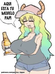 Rule 34 | 1girl, :d, beer bottle, black tank top, blonde hair, bottle, breasts, cleavage, closed eyes, cowboy shot, denim, denim shorts, dragon girl, fang, gradient hair, green hair, hat, highres, holding, holding bottle, horns, horns through headwear, huge breasts, kobayashi-san chi no maidragon, lucoa (maidragon), modelo (beer), multicolored hair, open mouth, pantsu-ripper, product placement, short shorts, shorts, smile, solo, spanish text, speech bubble, tank top, translated
