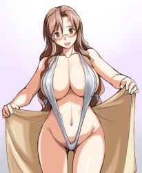 Rule 34 | 00s, 1girl, bare shoulders, blush, breasts, brown eyes, brown hair, cleavage, curvy, female pubic hair, glasses, groin, interlude, large breasts, long hair, marufuji izumi, navel, open mouth, pubic hair, slingshot swimsuit, solo, swimsuit, towel, tsuda nanafushi, white background