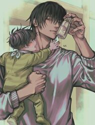 Rule 34 | 2boys, aged down, black eyes, black hair, bottle, father and son, fushiguro megumi, fushiguro touji, green pajamas, hand up, highres, holding, holding bottle, indoors, jugang140, jujutsu kaisen, long sleeves, male focus, multiple boys, one eye closed, open mouth, pajamas, parted lips, profile, scar, scar on face, scar on mouth, short hair, sweater, white sweater