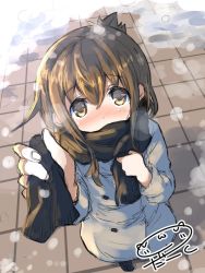 Rule 34 | 10s, 1girl, alternate costume, artist name, blush, brown eyes, brown hair, coat, commentary request, darkside, from above, hair between eyes, inazuma (kancolle), interacting with viewer, kantai collection, long hair, looking at viewer, looking up, outdoors, scarf, snow, snowing, solo