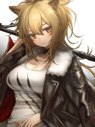 Rule 34 | 1girl, 3 (sanyako1), absurdres, animal ears, arknights, black jacket, blonde hair, blush, breasts, closed mouth, commentary, hair between eyes, highres, jacket, jacket on shoulders, large breasts, lion ears, lion girl, long hair, looking at viewer, ponytail, shirt, siege (arknights), solo, white shirt