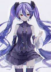 Rule 34 | 1girl, black bow, bow, closed mouth, collar, cowboy shot, detached collar, detached sleeves, floating hair, frilled thighhighs, frills, grey collar, grey necktie, grey shirt, grey skirt, grey sleeves, grey thighhighs, hair between eyes, hair bow, hatsune miku, highres, layered skirt, long hair, long sleeves, looking at viewer, miniskirt, necktie, pleated skirt, purple hair, red eyes, saksak mocchiri, shirt, skirt, sleeveless, sleeveless shirt, solo, standing, thigh gap, thighhighs, twintails, very long hair, vocaloid, zettai ryouiki