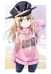 Rule 34 | 1girl, aged down, alternate costume, arm behind head, bismarck (kancolle), black hat, black pants, blonde hair, blue eyes, blush, closed mouth, clothes writing, collarbone, commentary request, cropped legs, drawstring, hair between eyes, hand up, hat, highres, hood, hood down, hoodie, kantai collection, long hair, long sleeves, pants, peaked cap, pink hoodie, smile, solo, taisho (gumiyuki)