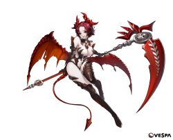 Rule 34 | 1girl, bad id, bad twitter id, bare shoulders, between breasts, breasts, company name, demon girl, demon horns, demon tail, demon wings, detached collar, elbow gloves, epis (king&#039;s raid), ezu (leejiyu), full body, gem, gloves, highres, horns, king&#039;s raid, large breasts, looking at viewer, navel, official art, pale skin, red eyes, red hair, red lips, revealing clothes, scythe, short hair, simple background, smile, solo, tail, torn wings, transparent background, wings