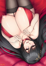 Rule 34 | 1girl, :d, azur lane, bare shoulders, bed sheet, black hair, black thighhighs, blush, breasts, chinese commentary, choker, cleavage, cocktail dress, collarbone, commentary request, dress, fine fabric emphasis, from above, garter straps, hair between eyes, hair ornament, hands on own chest, huge breasts, long hair, looking at viewer, looking up, lying, on back, on bed, open mouth, red choker, red dress, red eyes, shiny skin, signature, smile, solo, sweat, taihou (azur lane), taihou (forbidden feast) (azur lane), thighhighs, vereshhagin, very long hair, wardrobe malfunction
