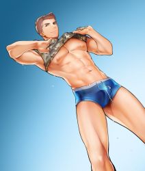 Rule 34 | 1boy, abs, aged down, backlighting, bara, bare pectorals, blue background, blue male swimwear, blue swim briefs, camouflage, camouflage shirt, clothes lift, drawstring, dutch angle, feet out of frame, from below, gradient background, large pectorals, lifting own clothes, light brown hair, looking at viewer, looking down, male focus, male swimwear, muscular, muscular male, navel, nipples, original, pectorals, shirt, shirt lift, short hair, solo, swim trunks, swimsuit, tarowo, thick thighs, thighs, undressing, wet