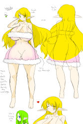 Rule 34 | ass, backboob, bare shoulders, blonde hair, breasts, cleavage, curvy, elf, from behind, green eyes, highres, huge breasts, long hair, groin, nightgown, no pussy, original, pointy ears, see-through, simple background, standing, wide hips, zeon (pixiv722928)