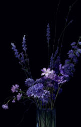 Rule 34 | black background, blue flower, flower, flower focus, ibuki satsuki, leaf, nature, no humans, plant focus, purple flower, simple background, vase