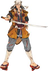 Rule 34 | 10s, 1boy, :q, bandages, brown eyes, dirty, full body, geta, headdress, katana, male focus, midoro, official art, personification, pom pom (clothes), solo, sword, tongue, tongue out, torn clothes, touken ranbu, transparent background, uneven eyes, weapon, yamabushi kunihiro