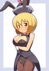 Rule 34 | 1girl, a-ktoo, animal ears, black leotard, black pantyhose, blonde hair, blush, breast hold, breasts, cleavage, crescent, detached collar, fake animal ears, framed, hat, large breasts, leotard, leotard under clothes, lunasa prismriver, pantyhose, playboy bunny, rabbit ears, short hair, showgirl skirt, solo, strapless, strapless leotard, touhou, white background, wrist cuffs, yellow eyes