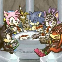 Rule 34 | 2girls, 3boys, amy rose, animal nose, armor, blaze the cat, book, chili dog, closed eyes, food, furry, furry female, furry male, green eyes, happy, knight, knuckles the echidna, laughing, lowres, multiple boys, multiple girls, one eye closed, reading, shadow the hedgehog, sitting, smile, sonic (series), sonic and the black knight, sonic the hedgehog, sword, weapon, yellow eyes