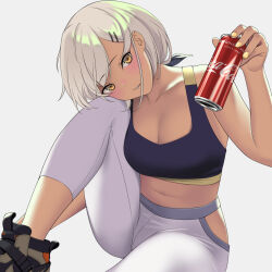 Rule 34 | 1girl, abs, breasts, can, cleavage, coca-cola, duplicate, girls&#039; frontline, hair ornament, hair ribbon, hairclip, highres, leggings, m590 (girls&#039; frontline), medium breasts, midriff, navel, pants, pixel-perfect duplicate, ribbon, shoes, sneakers, soft drink, solo, spandex, sports bra, stomach, tan, white background, white hair, yellow eyes, yitiao er-hua, yoga pants
