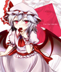 Rule 34 | 1girl, ascot, bat wings, blue hair, brooch, candy, chocolate, chocolate heart, dress, female focus, food, hat, heart, jewelry, red eyes, remilia scarlet, shiina shian, silver hair, solo, touhou, valentine, wings
