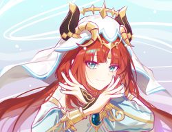 Rule 34 | 1girl, arabian clothes, bare shoulders, blue gemstone, blue nails, blunt bangs, blush, breasts, brooch, closed mouth, commentary request, curled horns, detached sleeves, eyelashes, forehead jewel, gem, genshin impact, gold trim, hand up, harem outfit, headdress, highres, horns, jewelry, long hair, long sleeves, looking at viewer, nail polish, necklace, nilou (genshin impact), puffy long sleeves, puffy sleeves, red hair, smile, solo, sp0i0ppp, upper body, veil, x arms