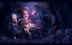 Rule 34 | 2girls, archlich, basket, bat wings, braid, female focus, floating, flower, frills, goth fashion, holding hands, hat, izayoi sakuya, moon, multiple girls, red eyes, remilia scarlet, rose, thighhighs, too many, touhou, twin braids, wallpaper, wings