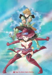 Rule 34 | 1boy, 1girl, black clover, breasts, brown eyes, brown hair, cleavage, cleavage cutout, clothing cutout, female focus, finral roulacase, garter straps, gloves, hat, highres, huge breasts, large breasts, looking at viewer, magic, magical girl, miniskirt, no bra, official art, pink hair, purple eyes, skirt, smile, thick thighs, thighhighs, thighs, vanessa enoteca, witch, witch hat
