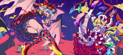 Rule 34 | 2girls, arm behind head, ass, bat (animal), bat wings, blonde hair, bloomers, blouse, blue hair, blue nails, boots, bow, bridal garter, buttons, claw pose, cloud, colorful, crystal, dress, fang, flandre scarlet, flying, frilled legwear, frilled shirt collar, frilled sleeves, frills, from behind, harano, hat, kneepits, looking back, mary janes, medium hair, mob cap, multiple girls, nail polish, one side up, puffy sleeves, red bow, red dress, red eyes, red footwear, red nails, red ribbon, remilia scarlet, ribbon, shirt, shoes, short hair, side ponytail, skeleton, sky, striped neckwear, tombstone, tongue, tongue out, touhou, underwear, white dress, white legwear, white shirt, wings, zombie