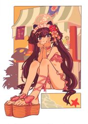 Rule 34 | 1girl, animal ears, bikini, blue archive, blush, bracelet, brown hair, choker, closed mouth, flower, frilled bikini, frills, hair flower, hair ornament, halo, highres, jewelry, long hair, looking at viewer, maid headdress, market stall, pink choker, pink flower, purple eyes, pusen (puuu sen555), red flower, sandals, shizuko (blue archive), shizuko (swimsuit) (blue archive), sitting, solo, starfish, swimsuit, twintails, two side up, very long hair