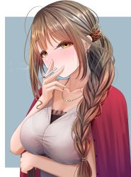 Rule 34 | 1girl, ahoge, blue background, blush, border, braid, breasts, brown eyes, brown hair, cigarette, earrings, fingernails, grey eyes, hair over shoulder, hand up, highres, holding, idolmaster, idolmaster shiny colors, jacket, jewelry, kuwayama chiyuki, large breasts, long hair, looking at viewer, mouth hold, multicolored eyes, necklace, open clothes, open jacket, red jacket, shirt, simple background, smoke, smoking, solo, turisasu, upper body, white border, white shirt