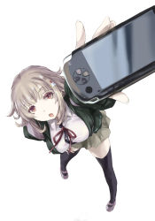 Rule 34 | 10s, 1girl, black thighhighs, breasts, brown hair, danganronpa (series), danganronpa 2: goodbye despair, foreshortening, from above, hair ornament, hairclip, handheld game console, large breasts, long hair, matsukura nemu, nanami chiaki, playstation portable, red eyes, revision, simple background, solo, thighhighs, white background