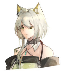Rule 34 | 1girl, animal ear fluff, animal ears, arknights, bare shoulders, cat ears, cat girl, cheschorv, collarbone, criss-cross halter, doctor (arknights), dress, green dress, green eyes, green hair, hair intakes, halterneck, highres, kal&#039;tsit (arknights), looking at viewer, material growth, off-shoulder dress, off shoulder, oripathy lesion (arknights), portrait, short hair, simple background, solo, stethoscope, white background