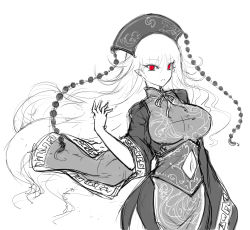 Rule 34 | 1girl, breasts, china dress, chinese clothes, dress, female focus, greyscale, hat, highres, junko (touhou), large breasts, looking at viewer, monochrome, no nose, open mouth, pointy ears, raptor7, red eyes, solo, spot color, touhou