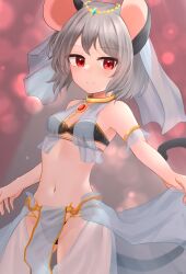 Rule 34 | 1girl, alternate costume, animal ears, bikini, black bikini, blush, breasts, circlet, closed mouth, commentary request, commission, cowboy shot, dakuazu, dancer, gem, gold, gold choker, grey hair, harem outfit, highres, looking at viewer, mouse ears, mouse girl, mouse tail, navel, nazrin, necktie, pelvic curtain, red eyes, red gemstone, see-through, see-through skirt, short hair, showgirl skirt, skeb commission, skirt, small breasts, smile, solo, strapless, strapless bikini, swimsuit, tail, touhou, veil