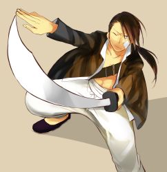 Rule 34 | 00s, 1boy, bad id, bad pixiv id, bandages, black hair, from above, fullmetal alchemist, hair over one eye, highres, ling yao, male focus, ponytail, solo, sword, weapon, yellow eyes, yomimatigai